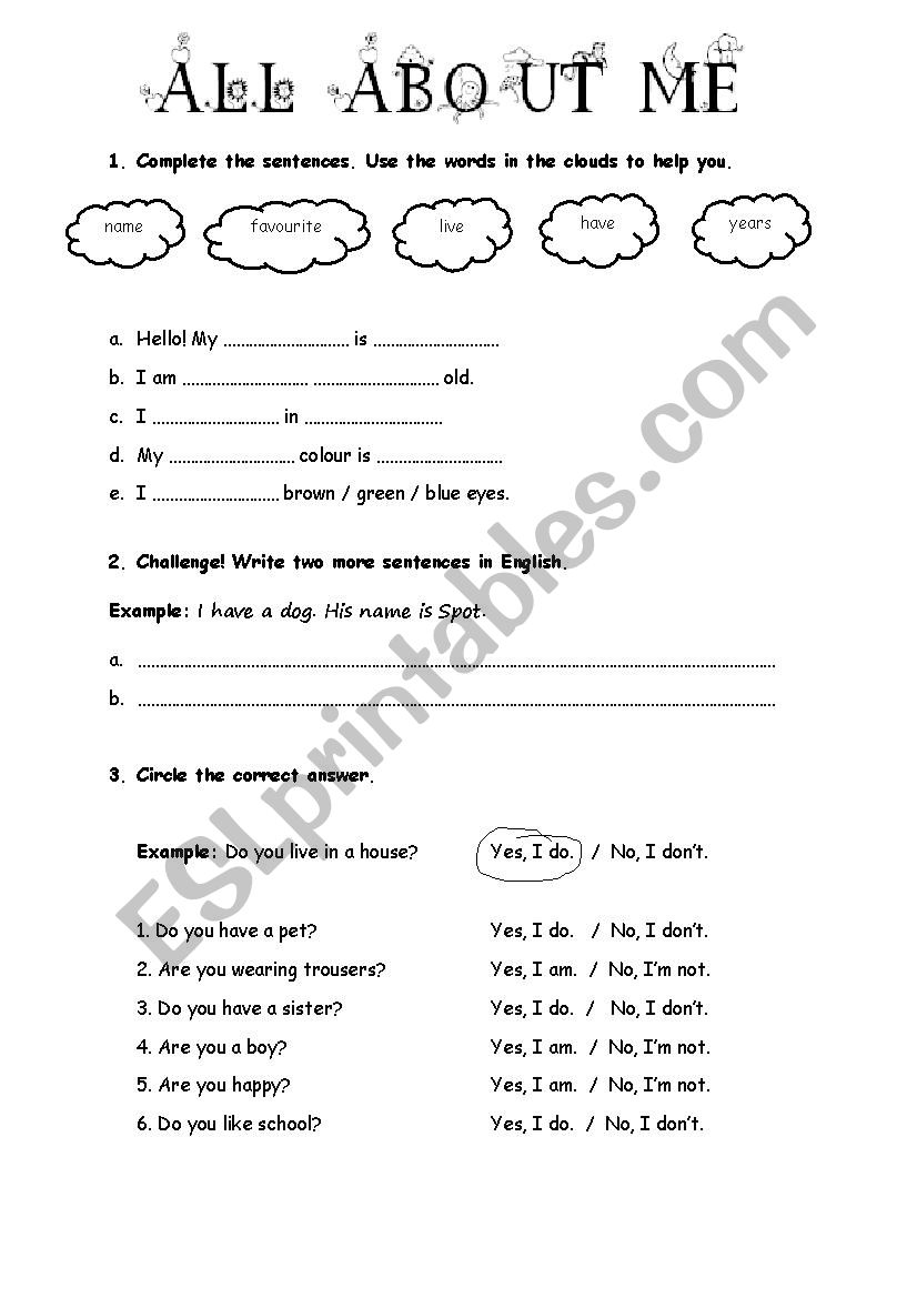 All about me worksheet worksheet