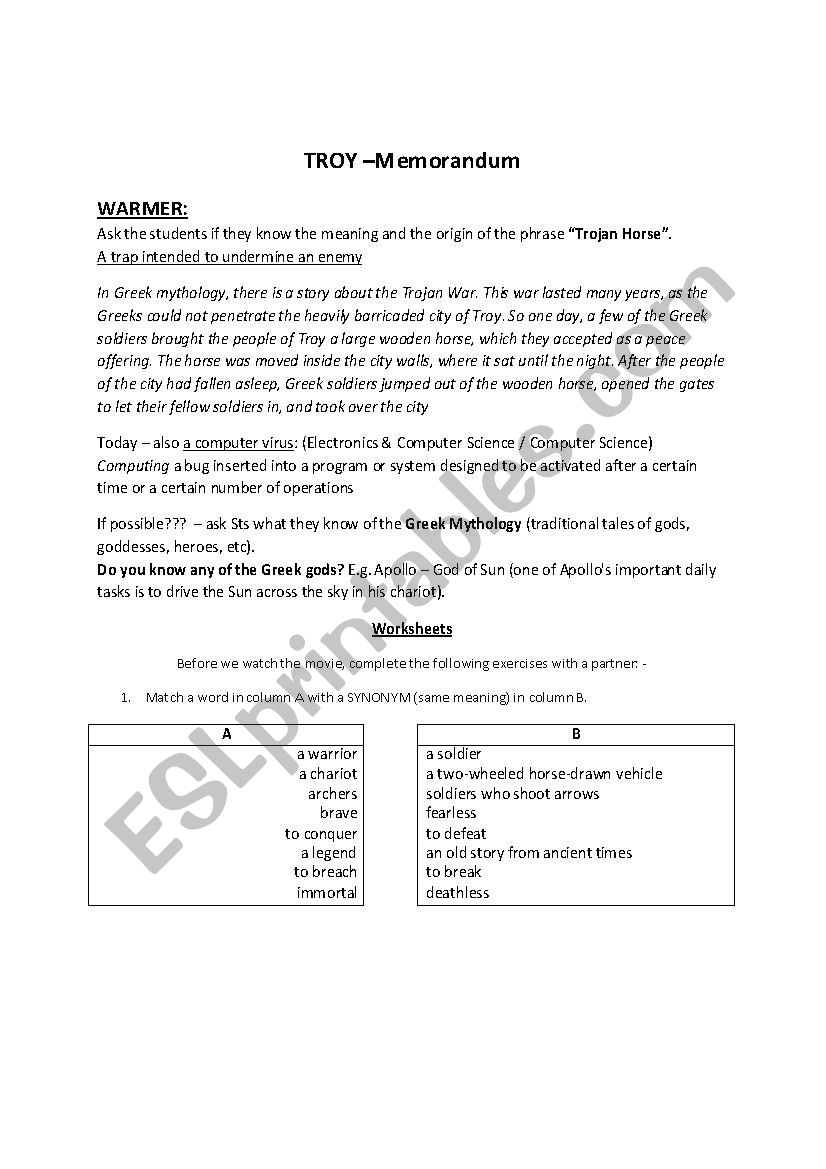 Troy movie lesson MEMO / ANSWER KEY