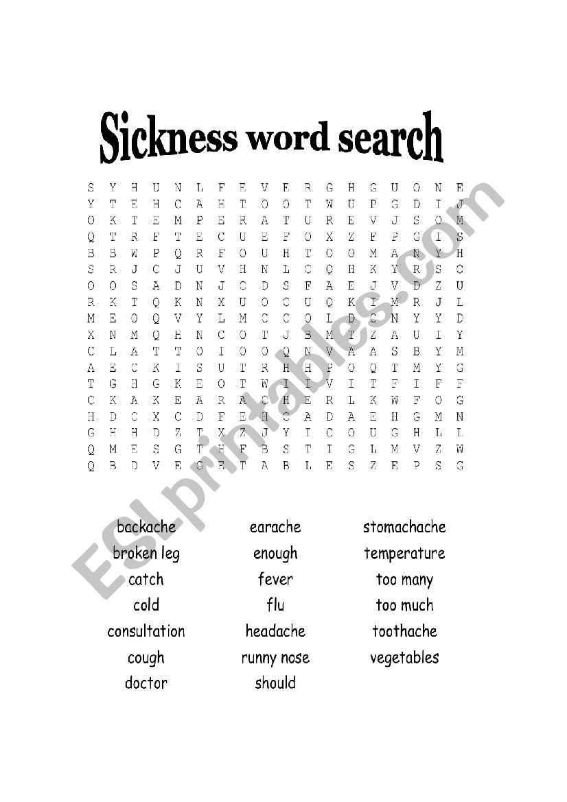 sickness crossword worksheet