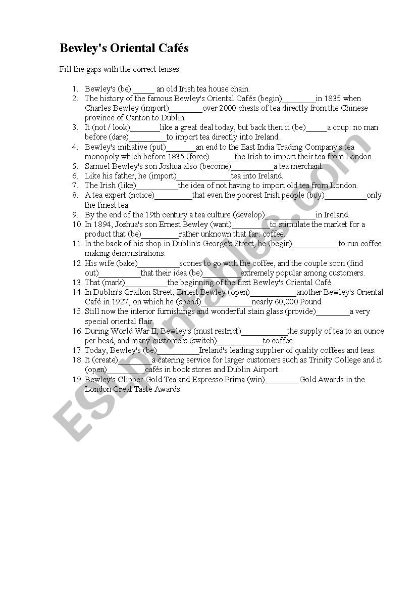 Bewleys l Cafs worksheet