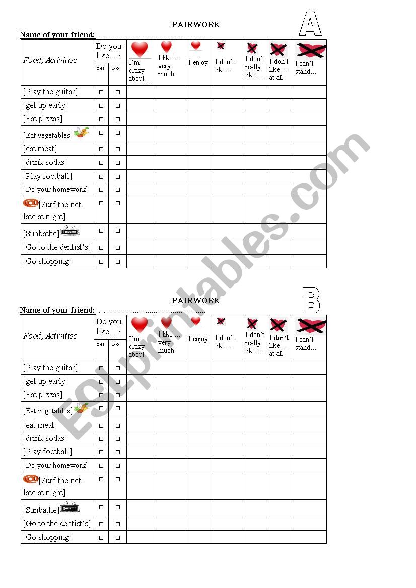 Pairwork Likes and dislikes worksheet