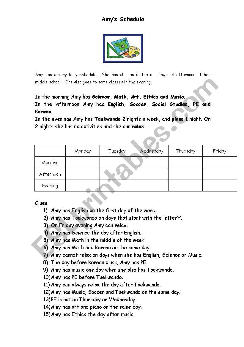 Amys Schedule worksheet