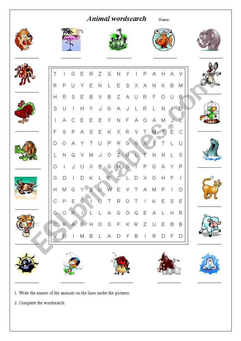 Animal wordsearch worksheet