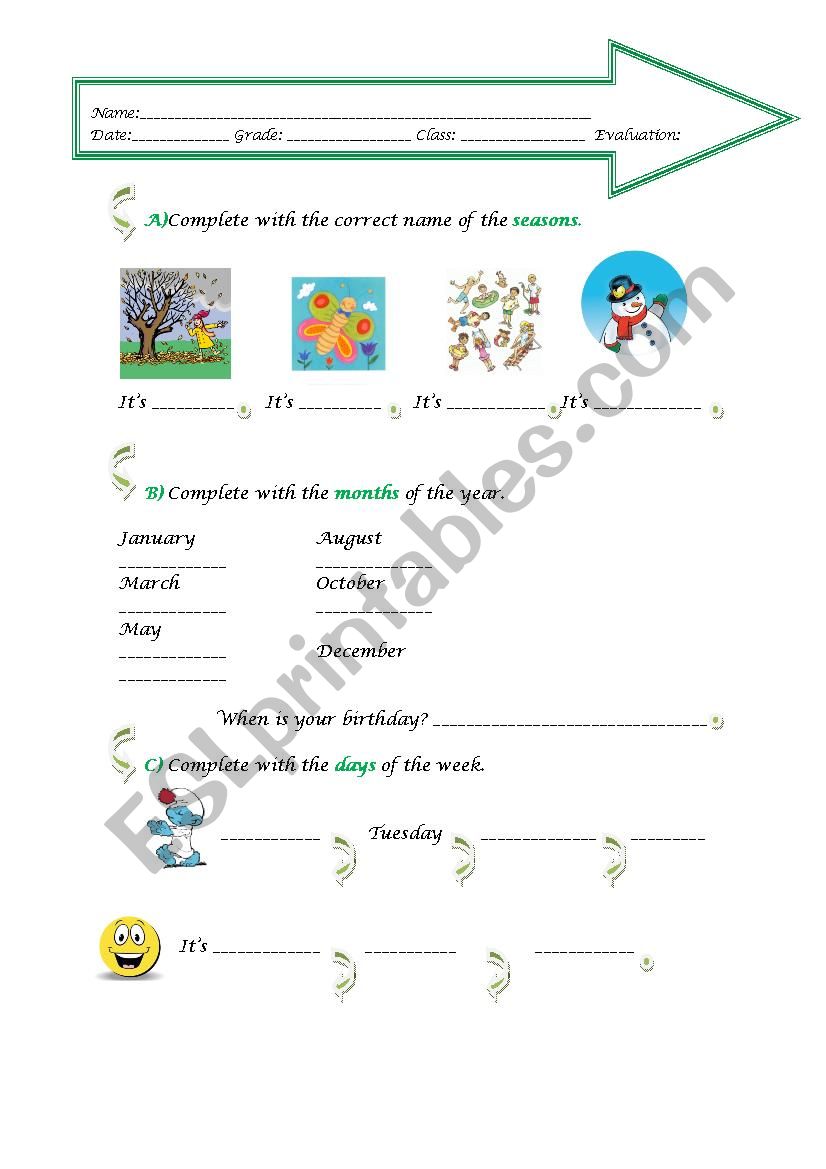 Seasons, months, day worksheet