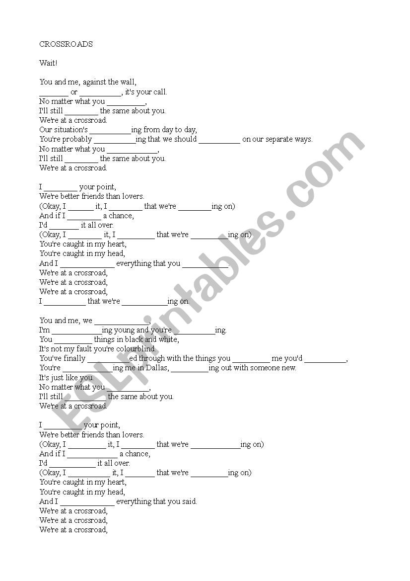 Crossroads song worksheet