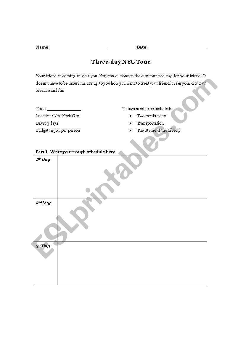 NYC Tour and Budget Planning worksheet