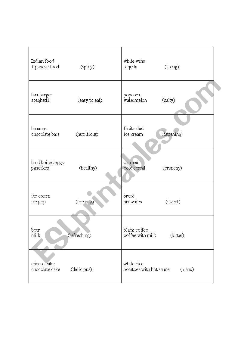 Game cards to cut up for comparative adjective game related to food