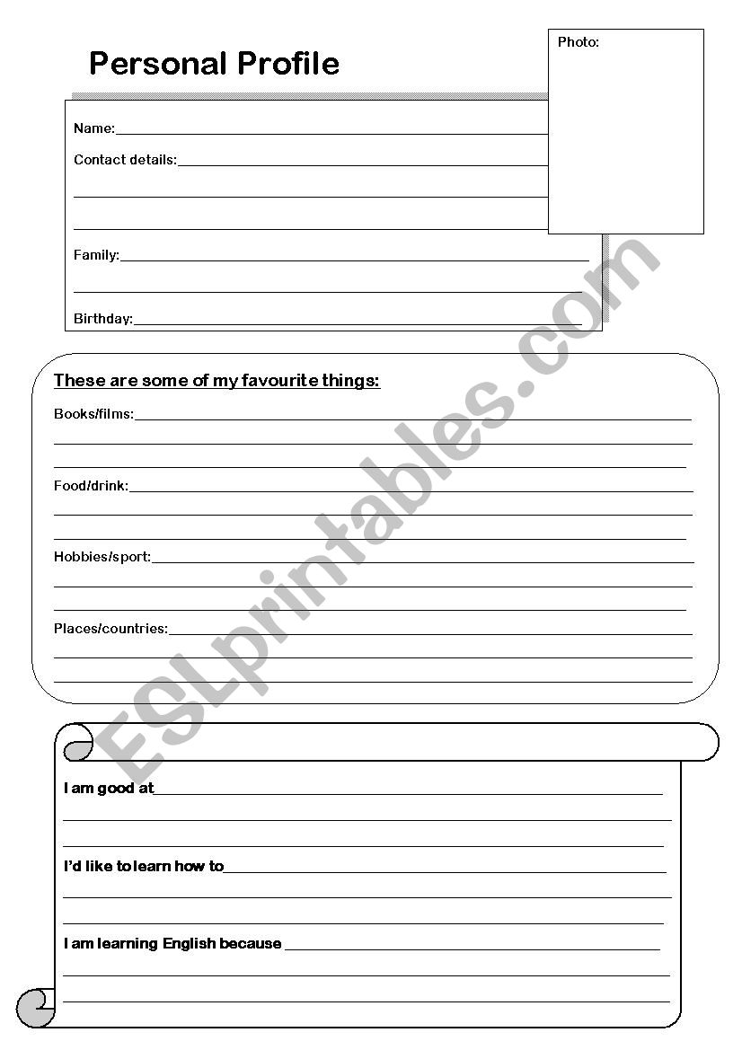 Personal profile sheet worksheet