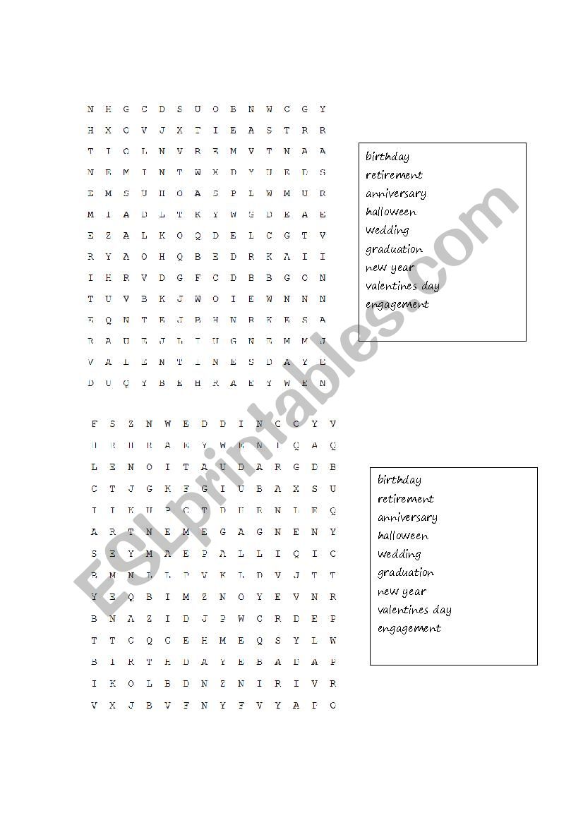 Celebrations wordsearch worksheet