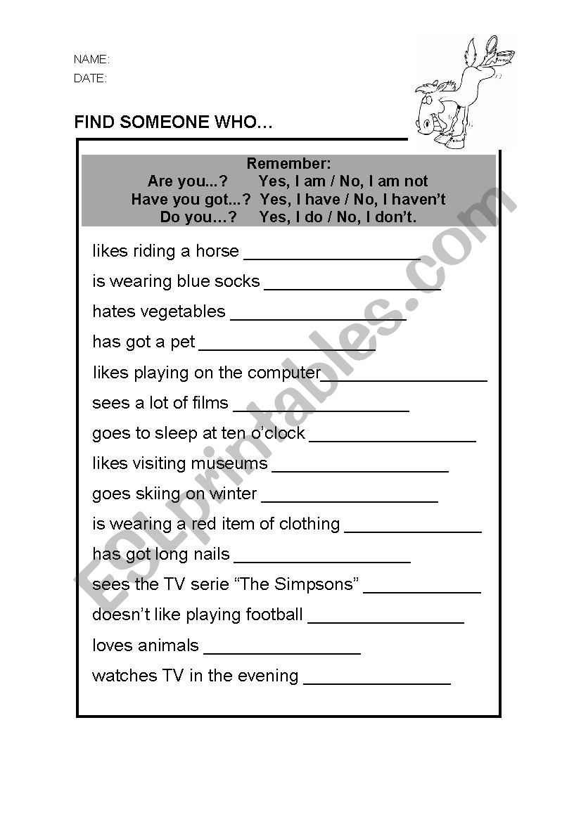 Find someone who... (present simple tense)