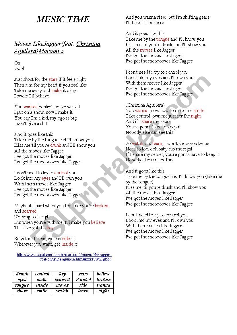 Moves like Jagger worksheet