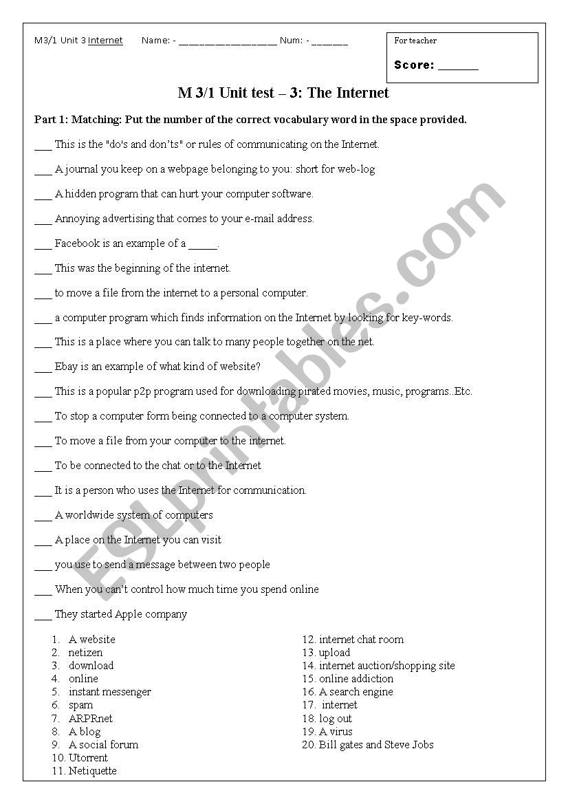 Internet unit test worksheet