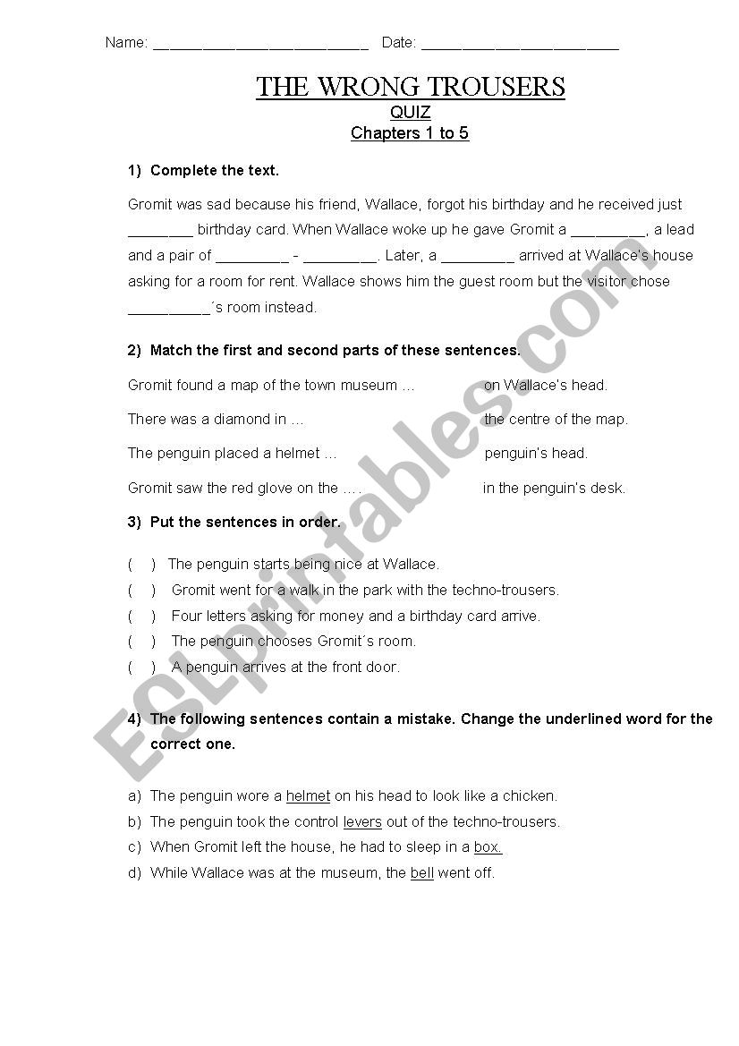 The Wrong Trousers worksheet