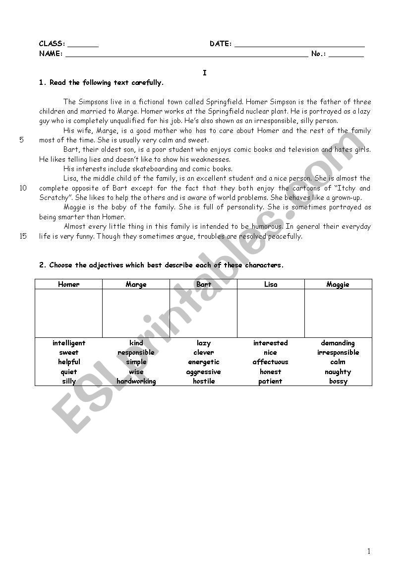 Reading and Comprehension - The Simpsons - Phycological Description