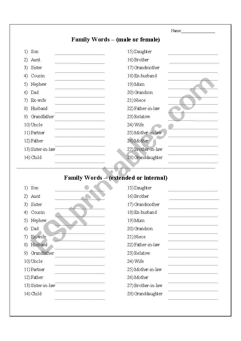 Family Members worksheet