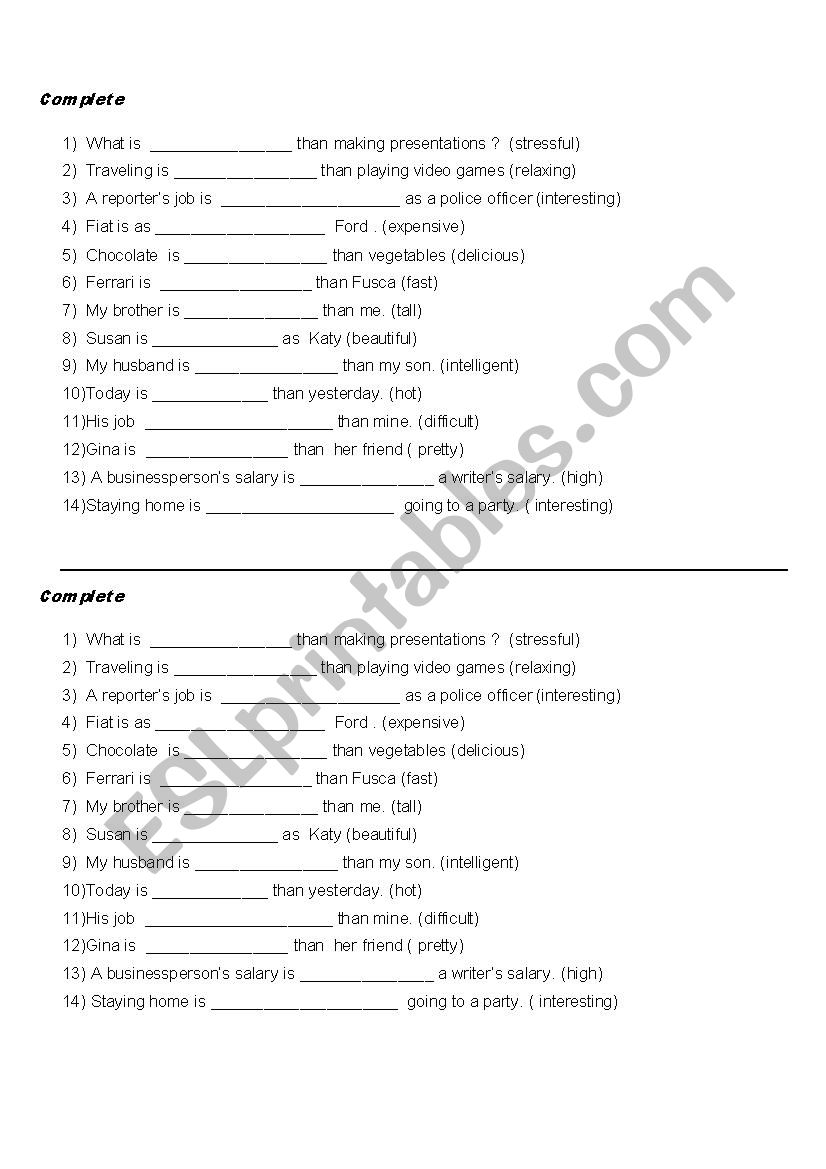 Comparisons worksheet