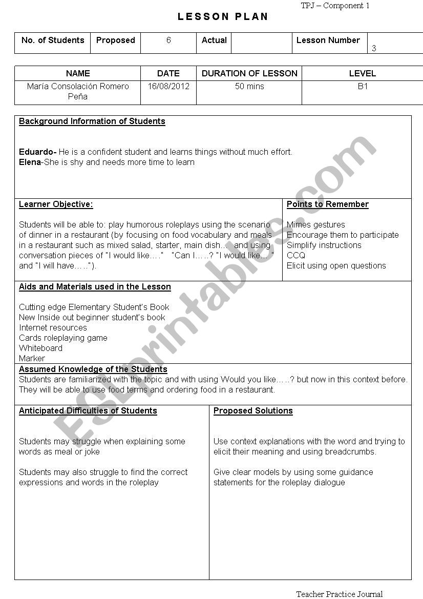 Dinner out worksheet