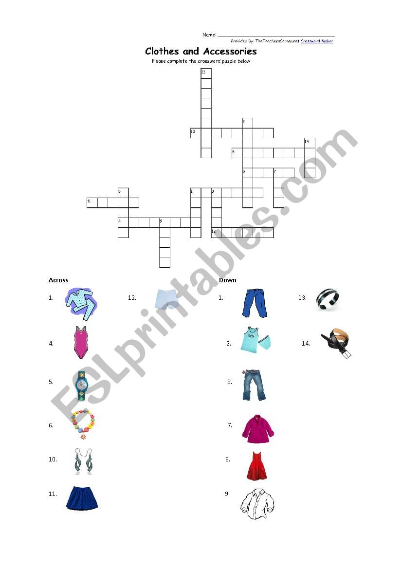 clothes crossword worksheet