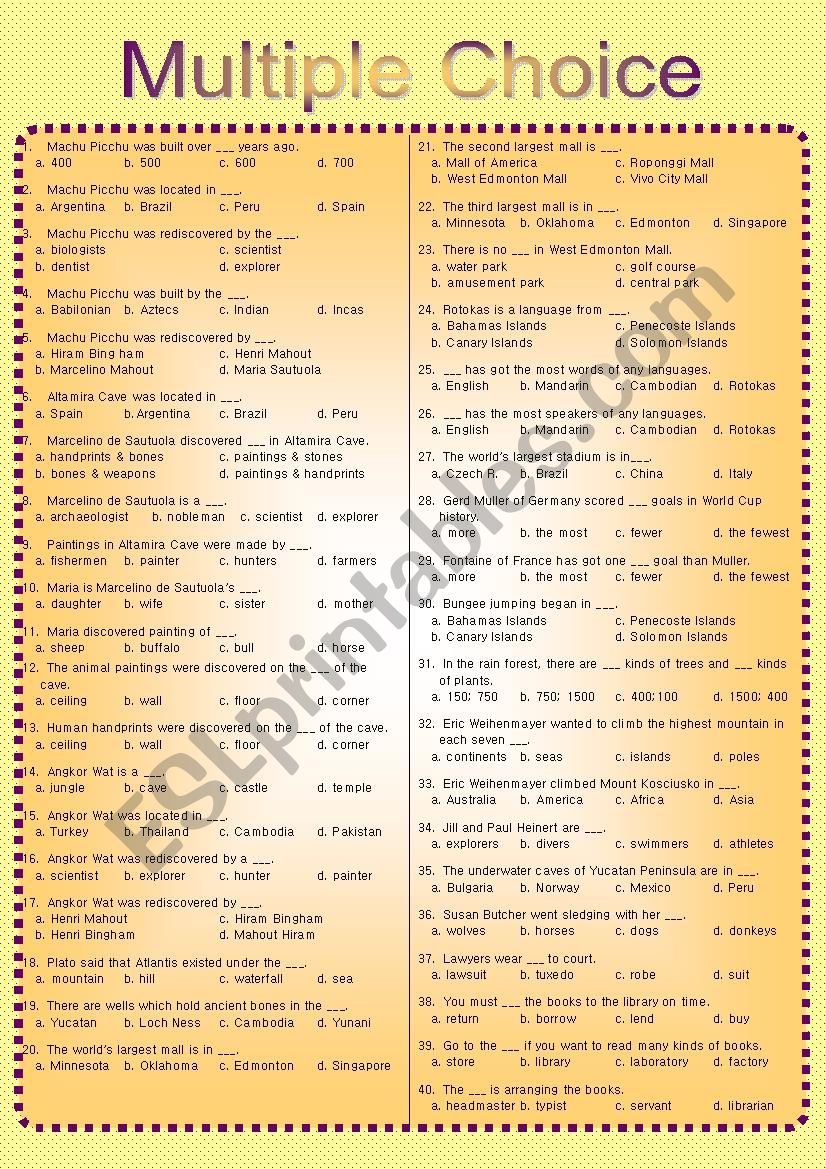 Backpack 6 - Multiple Choice worksheet