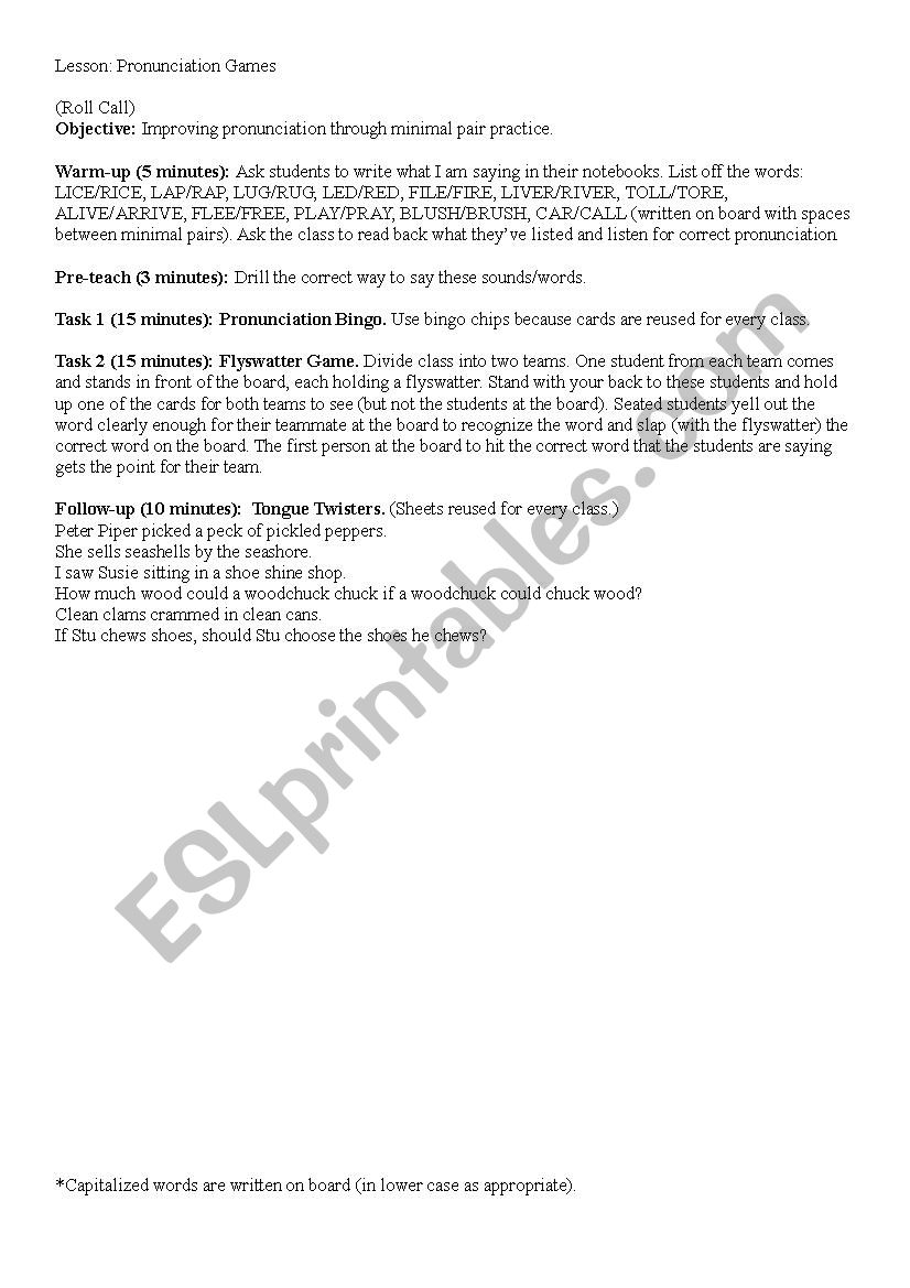 L and R Pronunciation Lesson Plan (includes bingo cards!)