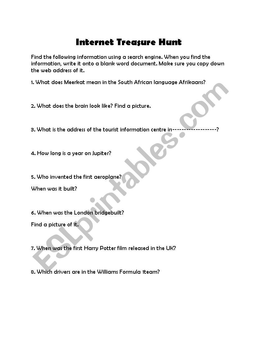 Internet tresure Hunt worksheet