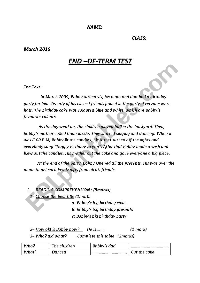 test 7th form worksheet