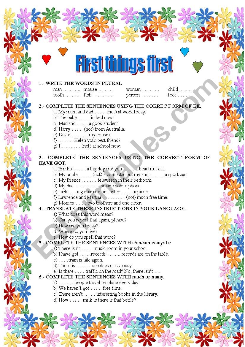 FIRST THINGS FIRST worksheet