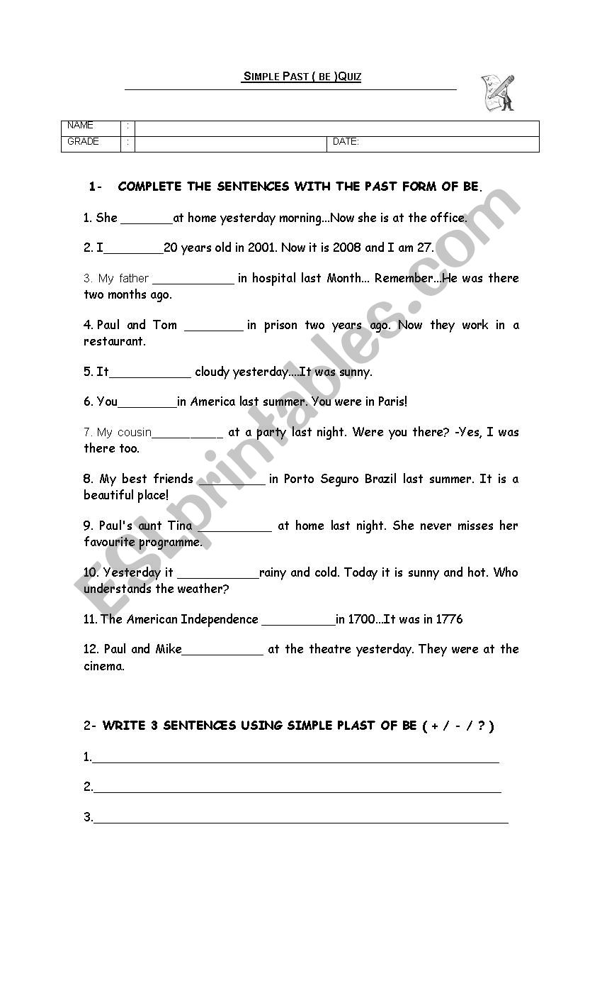 SIMPLE PAST OF BE worksheet