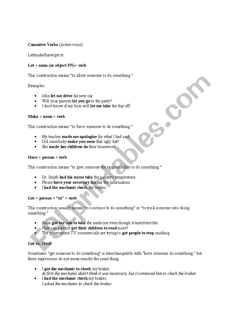 Causative verbs worksheet