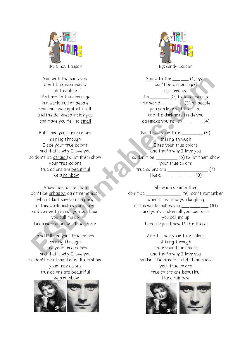 True Colors Song Lyrics And Activity Sheet Esl Worksheet By Evaramos
