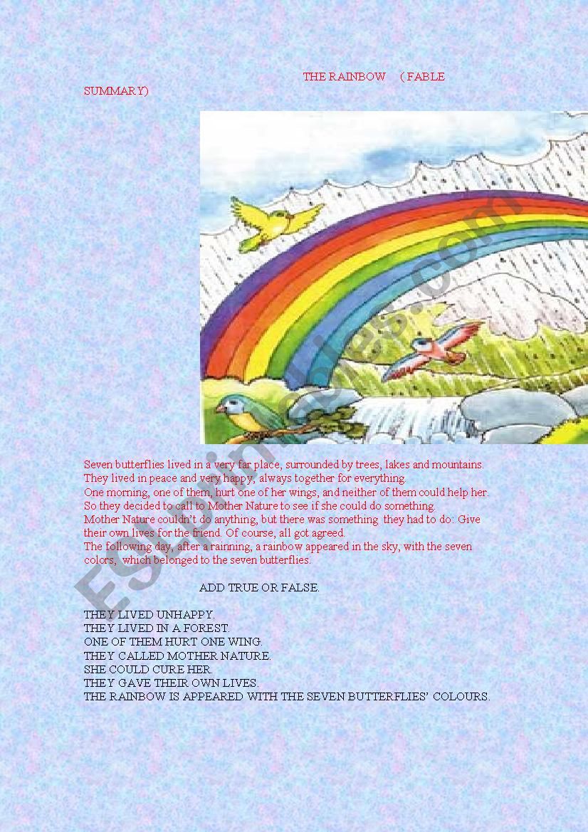 the rainbow, fable summary. worksheet