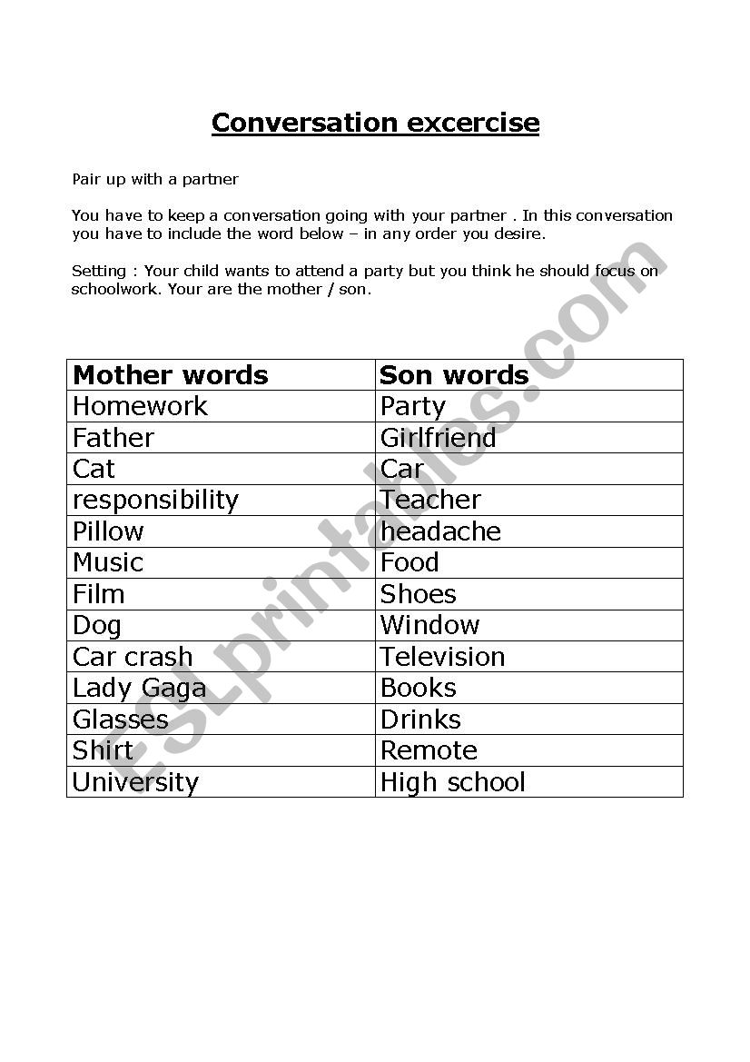 Conversation exercise worksheet