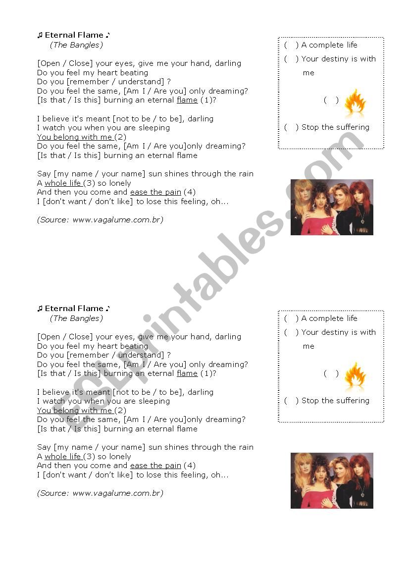 Song Activity - Eternal Flame worksheet