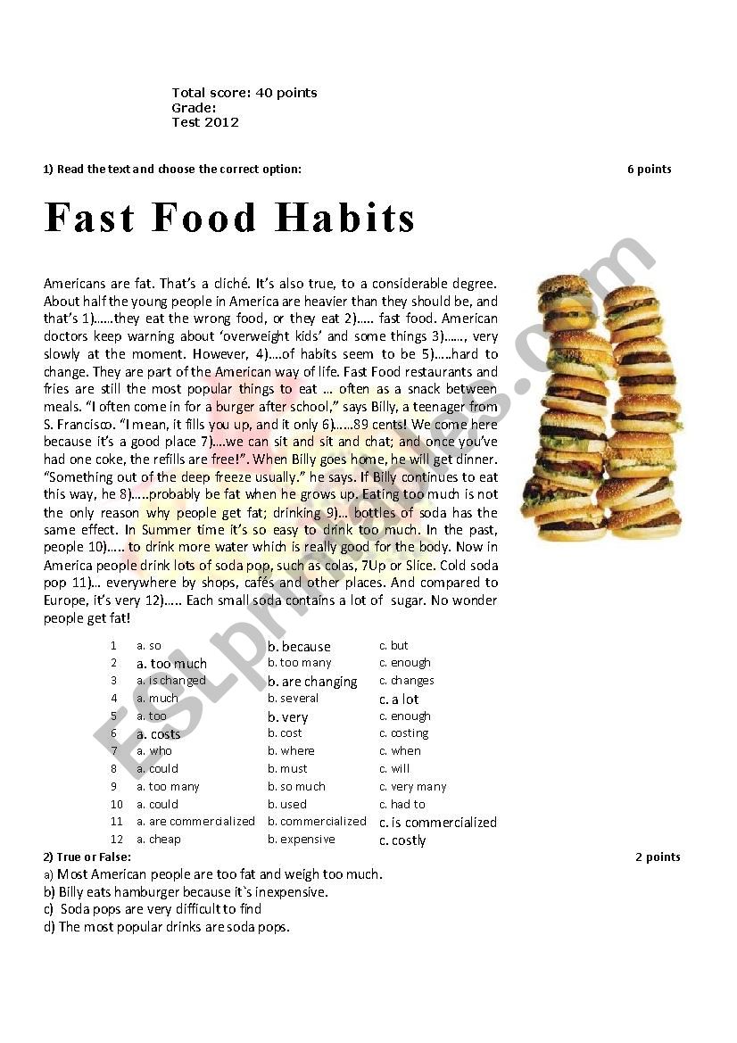 Fast Food Habits Test worksheet