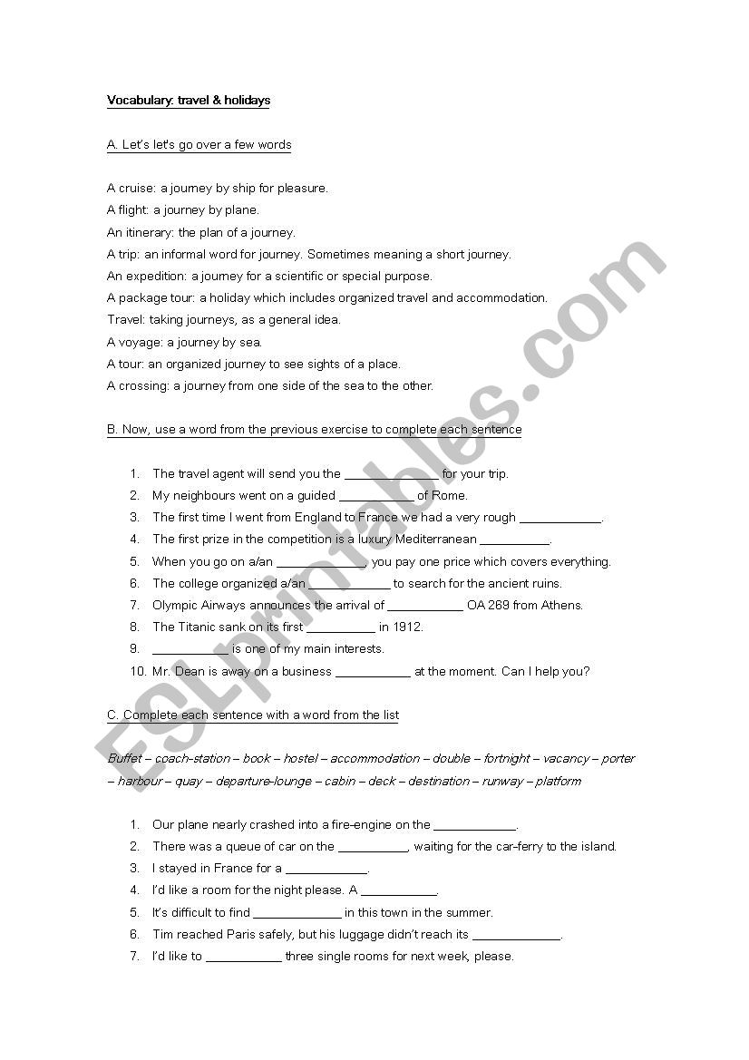 Vocabulary: travel & holidays worksheet