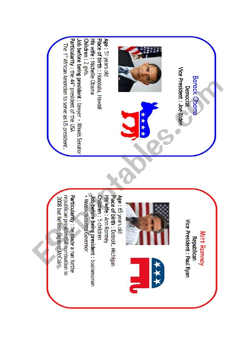 Obama vs Romney ID cards worksheet