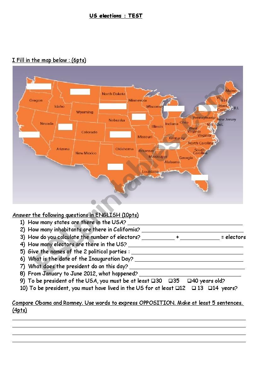 US elections 2012 TEST worksheet