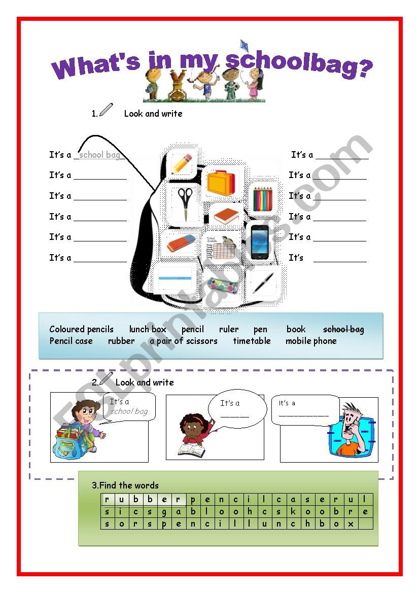 What´s in my schoolbag? ESL worksheet by SarahBaum