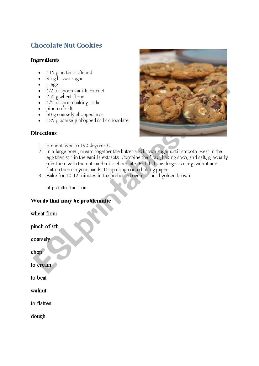 Recipe for chocolate nut cookies 