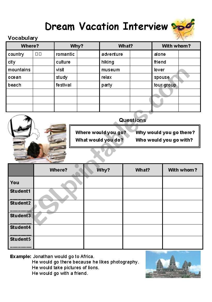 Dream Vacation Interview worksheet