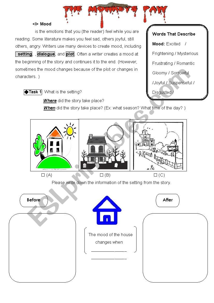 Reading Worksheet for Monkeys Paw