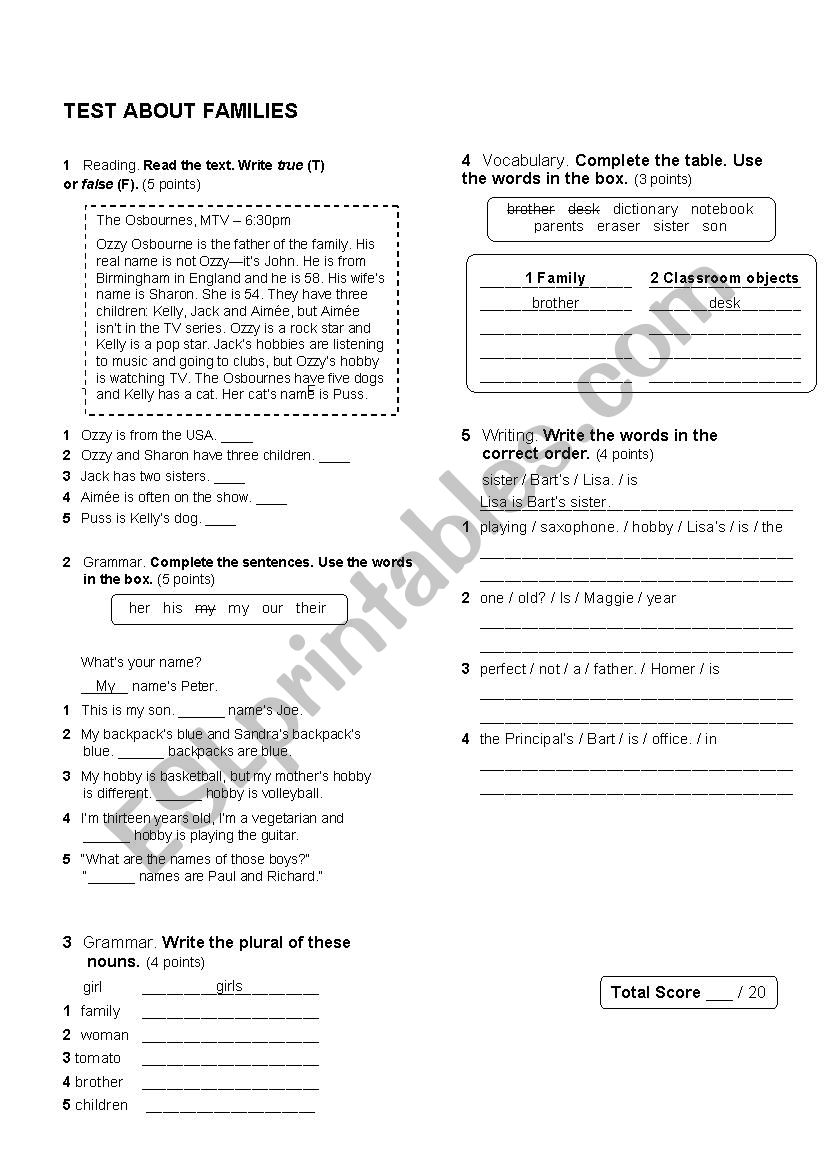 Test about Families  worksheet