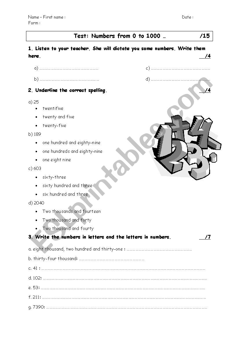Test numbers from 0 to 1000 worksheet