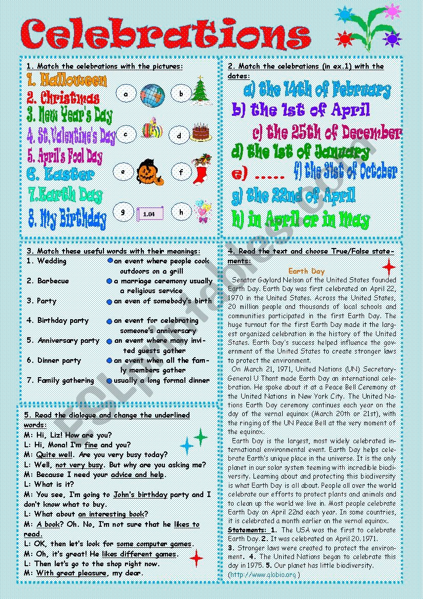 Celebrations worksheet