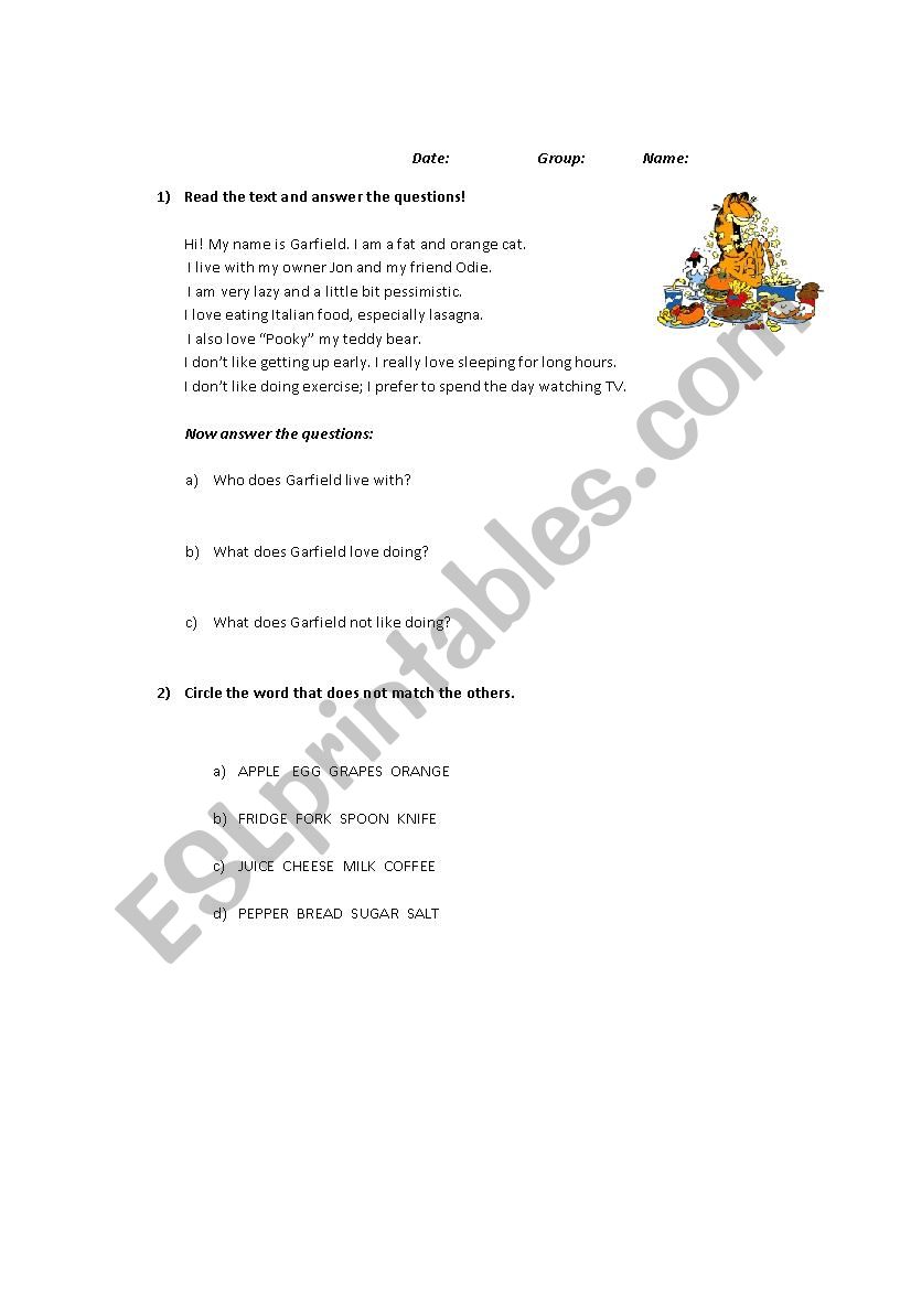 Garfield and food worksheet