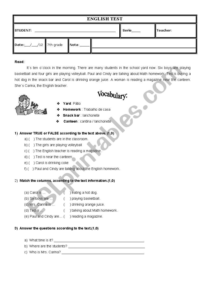 ENGLISH TEST-7th grade worksheet