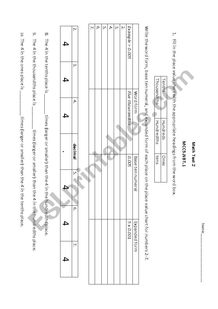 Place Value Quiz worksheet