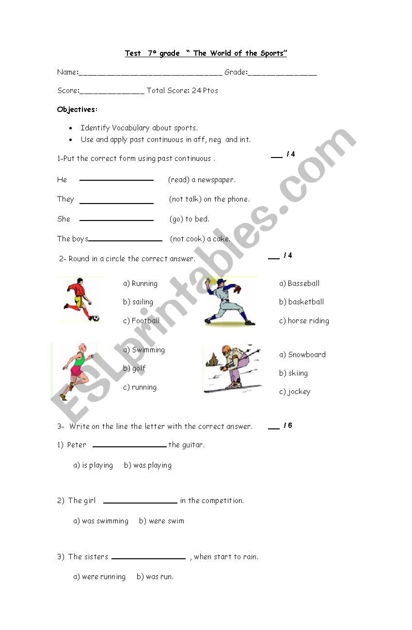 test about sport and past continuous 