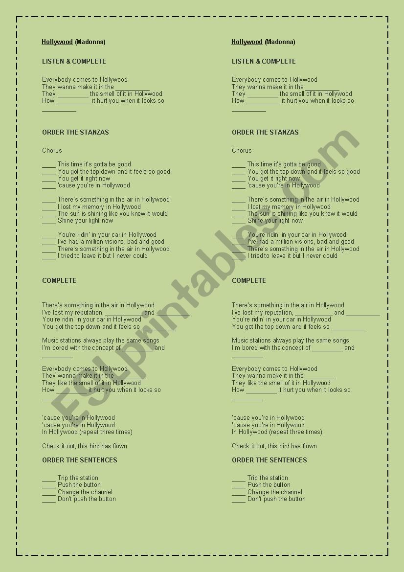 HOLLYWOOD SONG worksheet