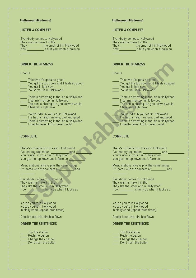 HOLLYWOOD SONG worksheet